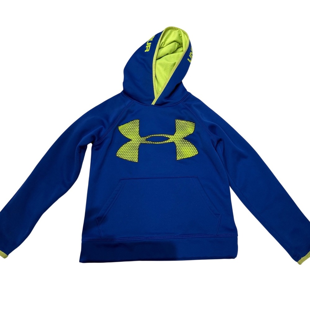 Under Armour Storm Kids Blue Lime Green Logo Fleece Pullover Hoodie Size YSM